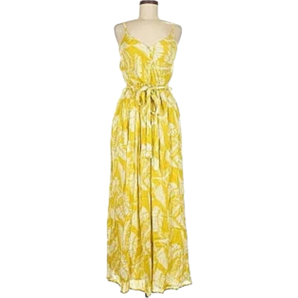 Sim & Sam Dress Women’s XS Yellow Maxi Pleated Flowy Summer Tie Belt Resort Palm